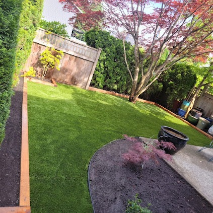 Backyard with clean artificial turf and garden beds